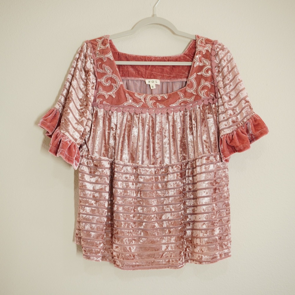 POL Size Small Pink Velvet Burnout Shirt Blouse Sequin Embroidered Ruffle Boho